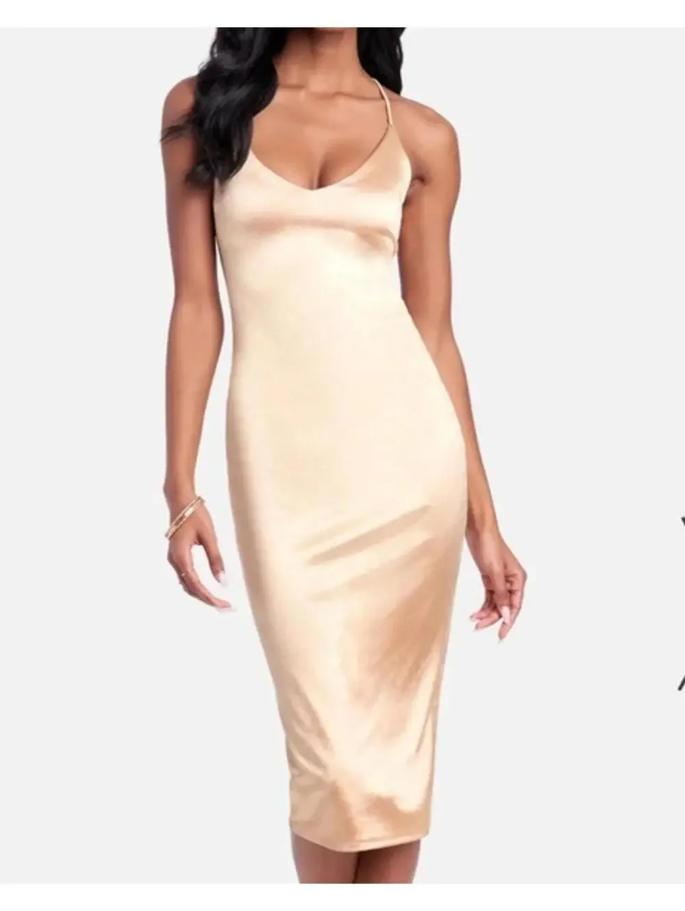 Bebe Hazelnut Gold Strappy Back Satin Midi Dress Evening Glam Cocktail Small